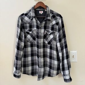 Western-Style Pearl Snap Black and White Plaid Button Down